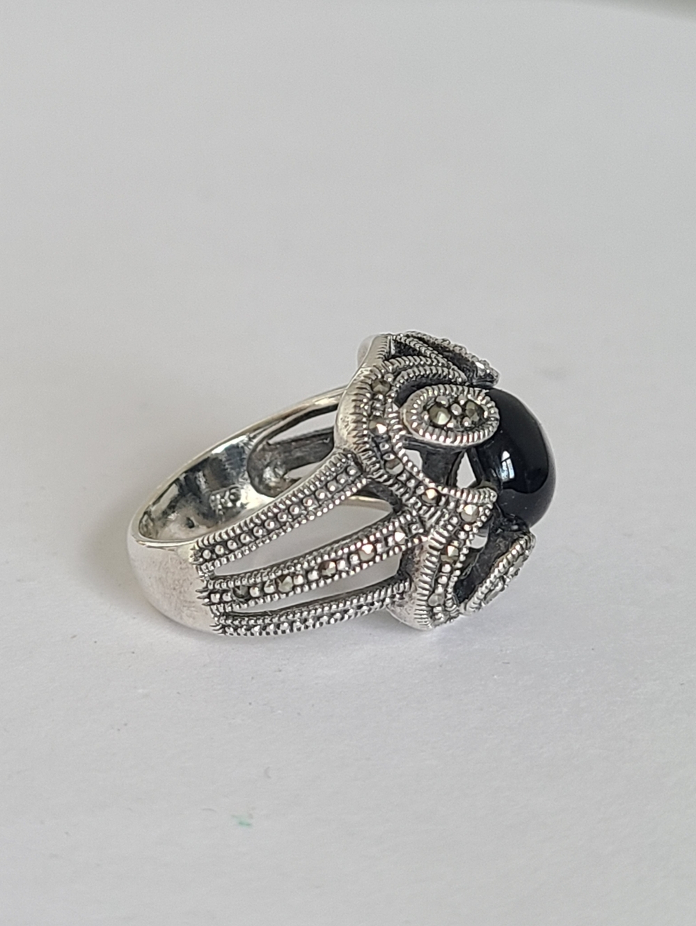 Vintage Boho Sterling Silver Black Onyx Floating Cabochon Marcasite Crystal Ring - Picture 5 of 14
